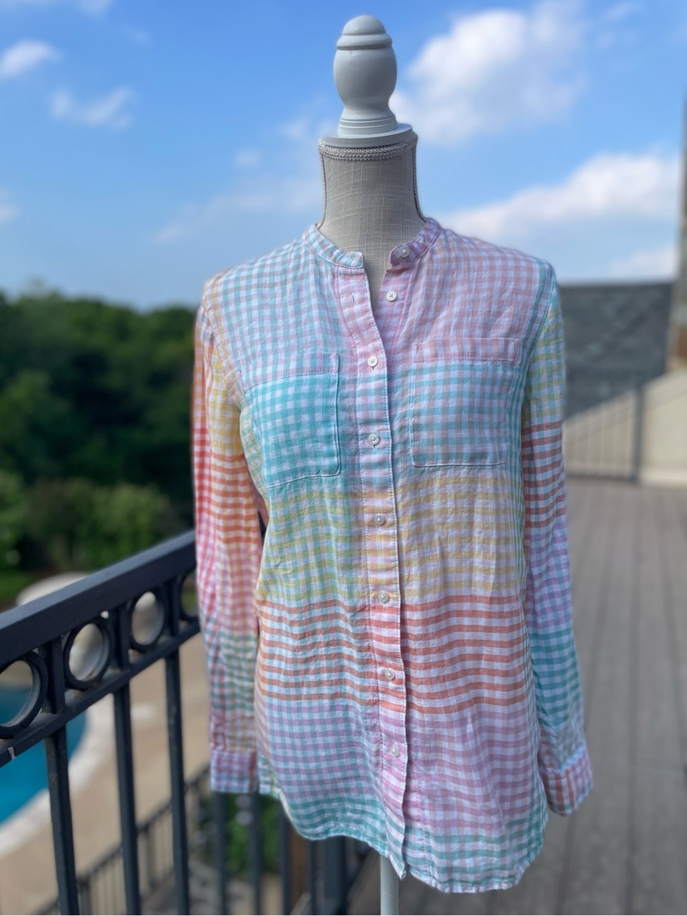Lands' End Pastel 100% Linen Gingham Button-Up Shirt Round Collar Blouse size XS